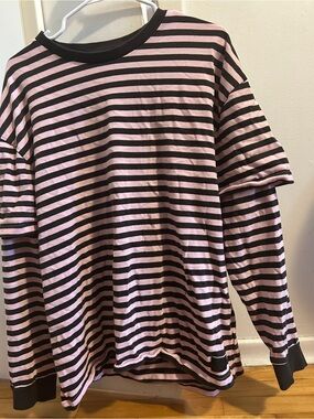 Vans Pink and Brown Striped Crew Neck “Twofer” Tee